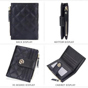 Portafoglio in pelle nera con motivo trapuntato, chiusura a zip dorata, scomparti per carte e monete. Design elegante e funzionale per uomo e donna.