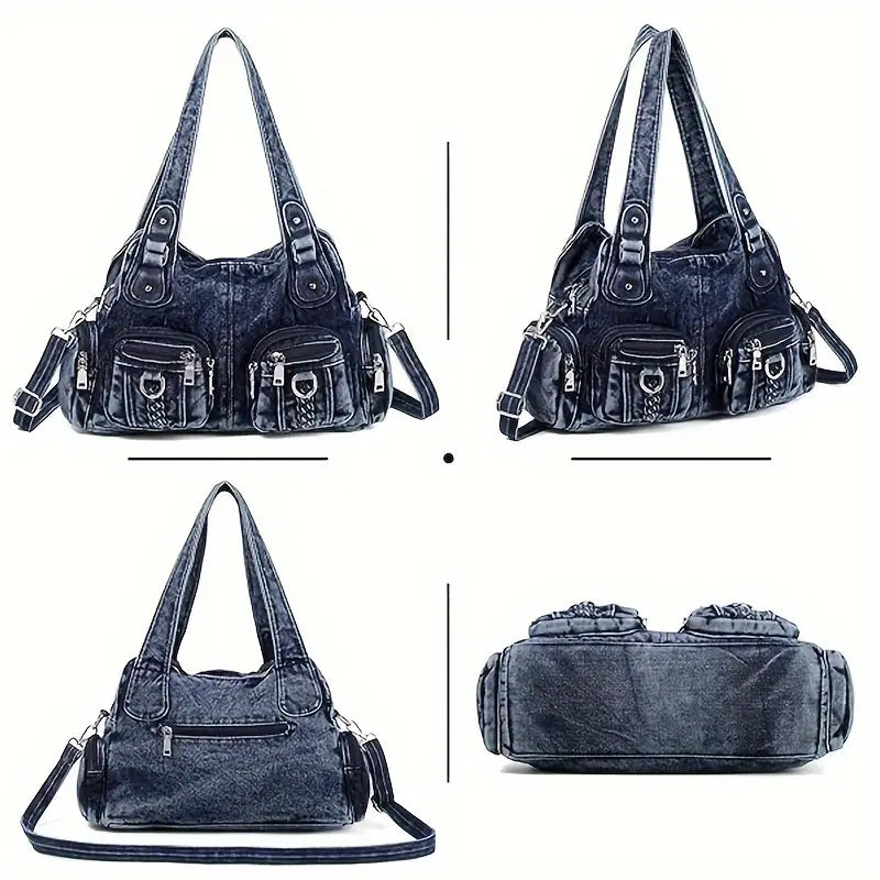Borsa a tracolla in denim blu scuro con tasche multiple e cerniere, design casual e versatile, perfetta per uso quotidiano e moda urbana.