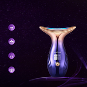 Dispositivo massaggio viso LED blu, design ergonomico, tecnologia anti-età, cura della pelle, riduzione rughe, bellezza, trattamento lifting.