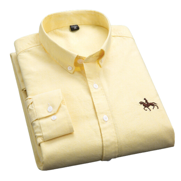 Camicia uomo gialla a maniche lunghe, cotone, con colletto button-down e logo ricamato cavallo. Elegante e casual, perfetta per ogni occasione.