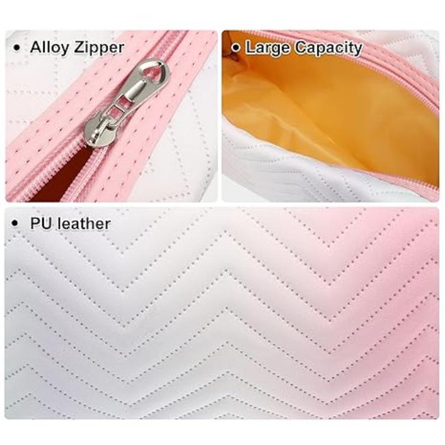 Borsa cosmetica in pelle PU bianca e rosa, cerniera in lega, grande capacità interna, design trapuntato a zigzag.