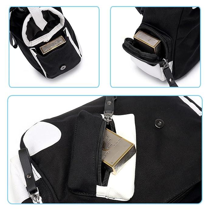 Zaino nero con dettagli bianchi, tasche multiple con zip, design moderno, ideale per scuola o viaggio. Tasche sicure per oggetti personali.