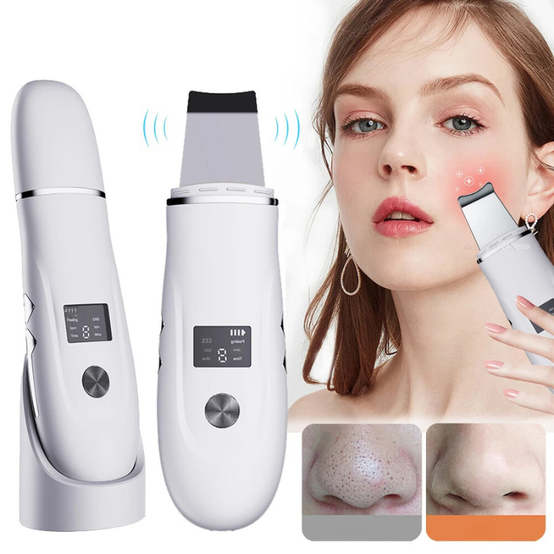 Dispositivo per la pulizia del viso ad ultrasuoni, esfoliante pelle, rimozione punti neri, con display LED, adatto per cura della pelle femminile.