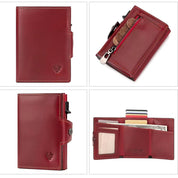 Portafoglio in pelle rossa con scomparti per carte, monete e banconote. Design elegante e compatto, ideale per uomo e donna. Accessorio di moda.