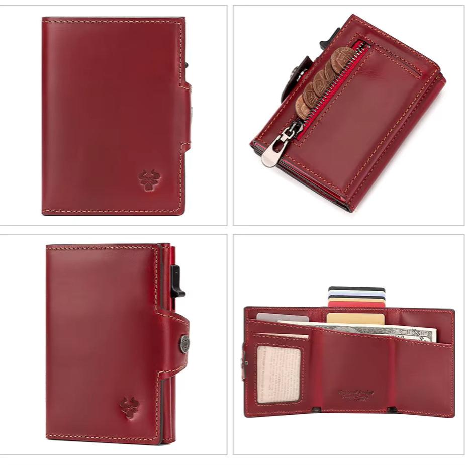 Portafoglio in pelle rossa con scomparti per carte, monete e banconote. Design elegante e compatto, ideale per uomo e donna. Accessorio di moda.