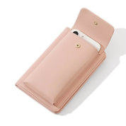 Custodia in pelle rosa per smartphone, design elegante con chiusura a bottone, compatibile con vari modelli. Accessorio moda pratico e chic.