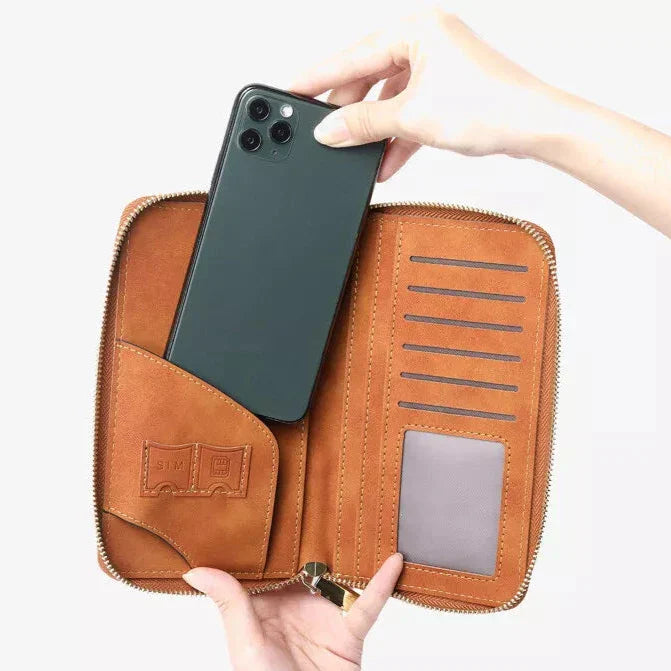 Custodia portafoglio in pelle marrone con scomparti per carte e tasca per smartphone. Design elegante e funzionale per organizzazione quotidiana.