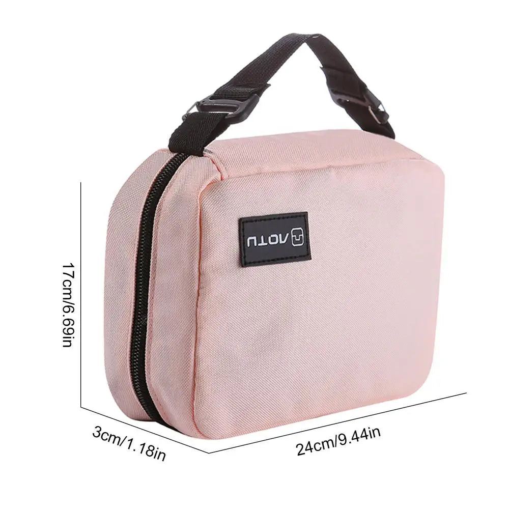 Borsa da viaggio rosa con manico nero, dimensioni 24x17x3 cm, ideale per cosmetici e accessori. Design compatto e portatile.