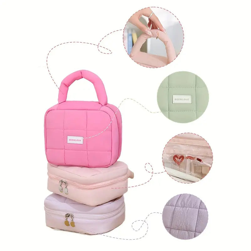 Borsa termica rosa trapuntata con manico, dettagli in primo piano di cuciture e chiusura. Design elegante e funzionale per il trasporto di alimenti.
