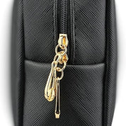 Borsa a tracolla nera in pelle con cerniera dorata, design elegante e moderno, ideale per donna, accessorio moda, alta qualità.