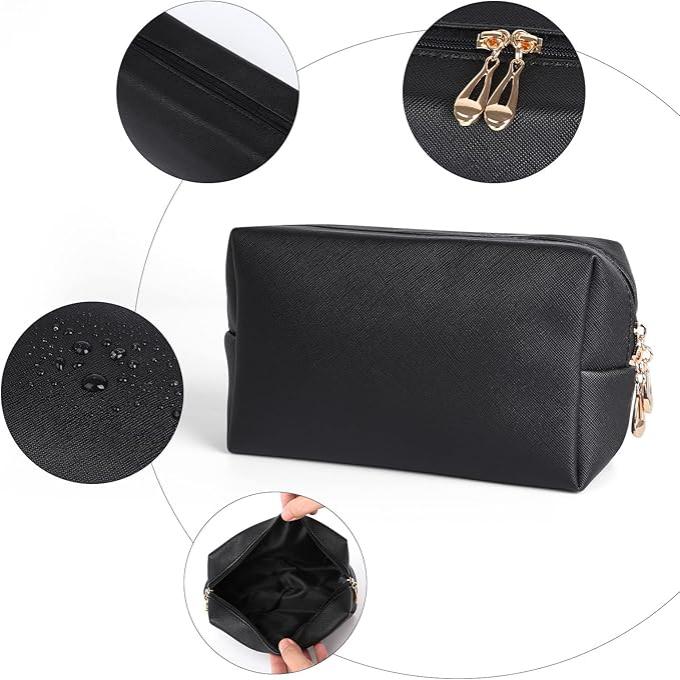 Astuccio cosmetico nero impermeabile con cerniera dorata, design elegante, resistente all'acqua, ideale per trucco e accessori da viaggio.
