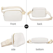 Marsupio bianco unisex in pelle PU, vista a 360 gradi. Tasche con zip, cintura regolabile. Perfetto per viaggi, sport, moda casual.