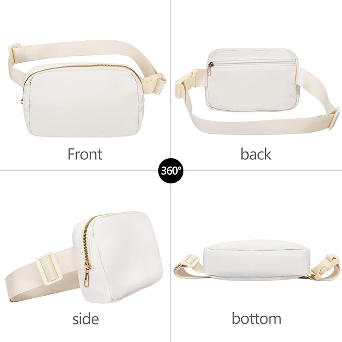 Marsupio bianco unisex in pelle PU, vista a 360 gradi. Tasche con zip, cintura regolabile. Perfetto per viaggi, sport, moda casual.