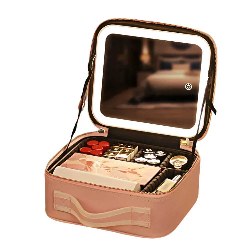 Astuccio trucco portatile con specchio LED, organizer cosmetici, scomparti per rossetti, ombretti e orologi, ideale per viaggi e casa.