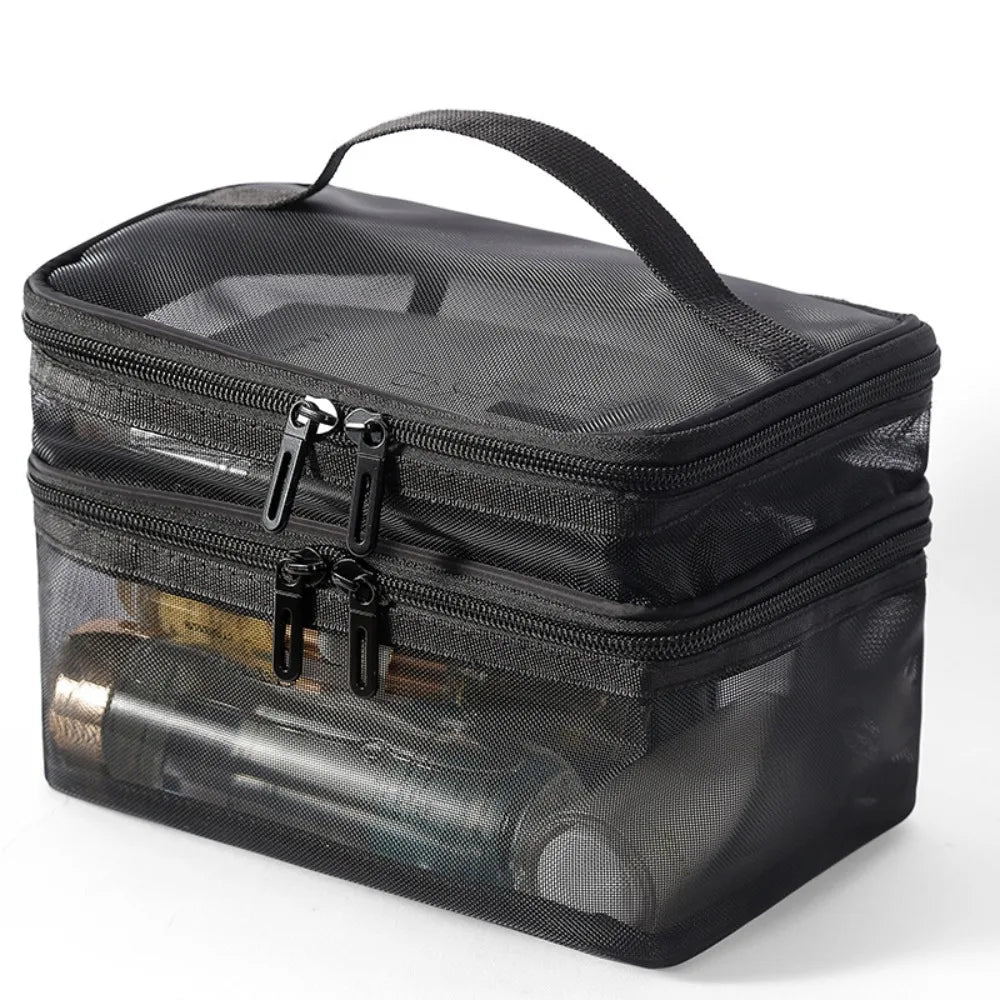 Borsa trasparente da viaggio in rete nera con doppia cerniera, ideale per cosmetici e articoli da toeletta, pratica e resistente all'acqua.
