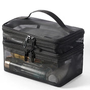 Borsa trasparente da viaggio in rete nera con doppia cerniera, ideale per cosmetici e articoli da toeletta, pratica e resistente all'acqua.