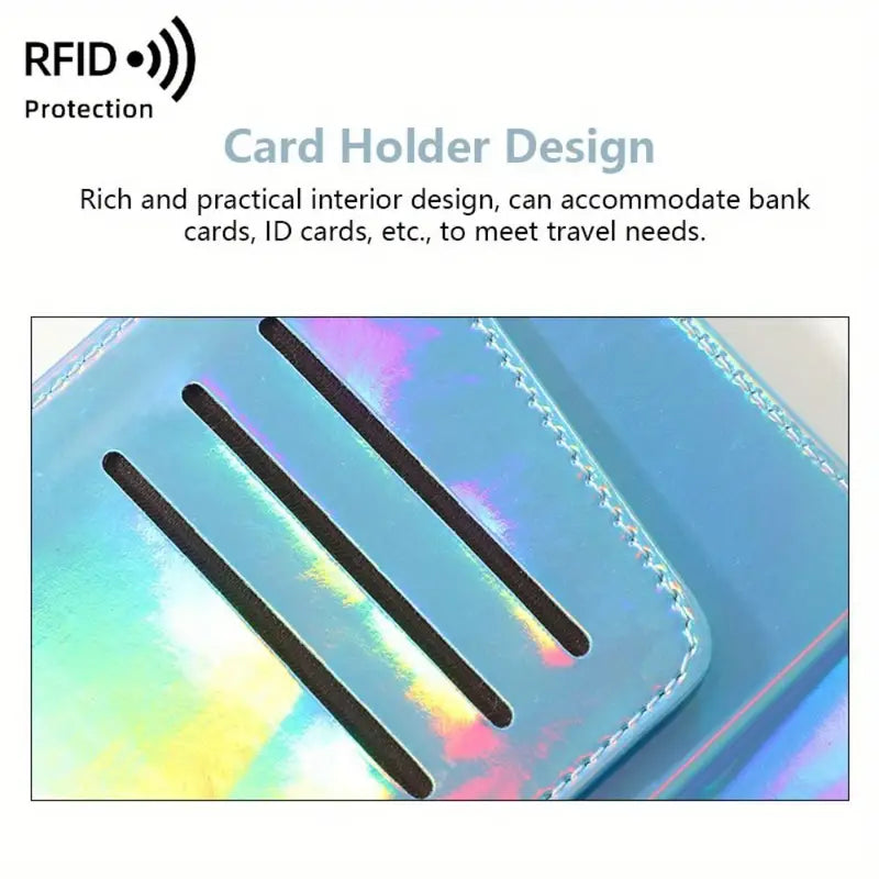 Porta carte RFID in pelle iridescente, design pratico per carte di credito e documenti d'identità, ideale per viaggi e protezione dati.