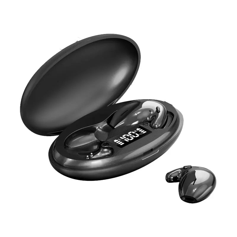 Auricolari wireless neri con custodia di ricarica, display LED, design ergonomico, compatibili con smartphone, ideali per musica e chiamate.