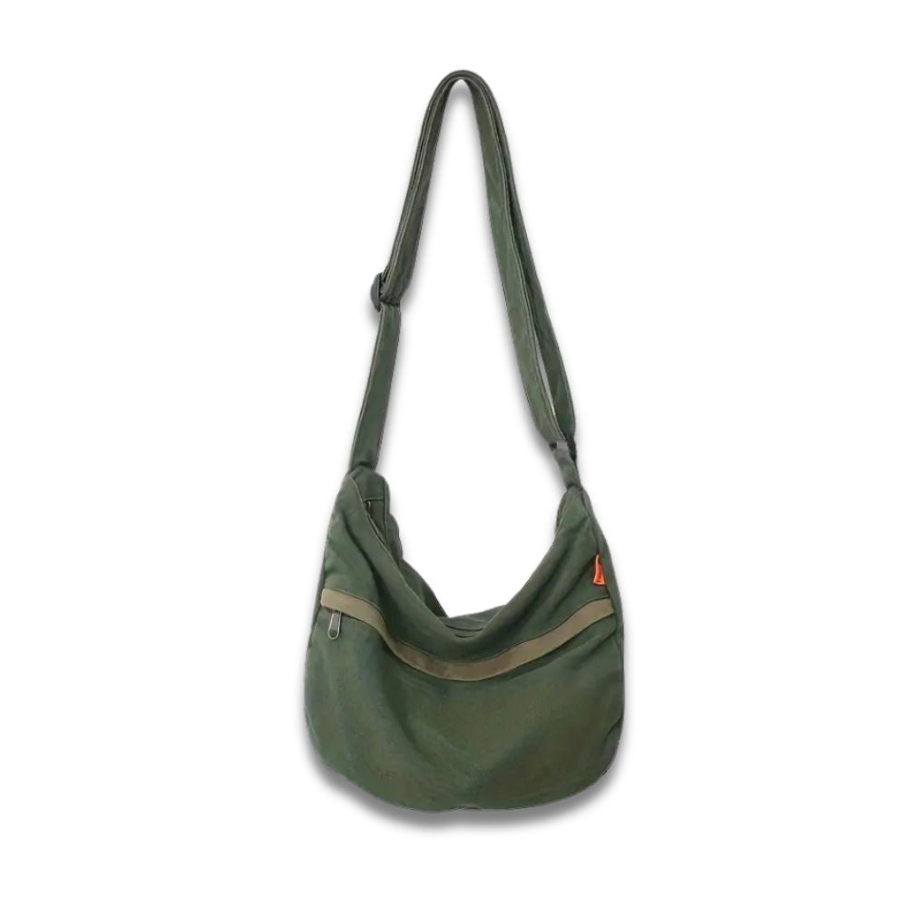 Borsa a tracolla verde oliva in tessuto, con tasca frontale con zip e tracolla regolabile. Accessorio moda casual per donna.