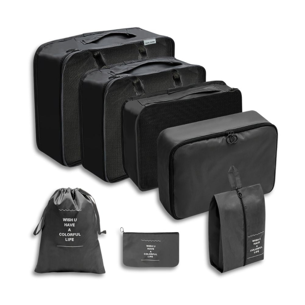Set di organizer da viaggio neri, include cinque borse di diverse dimensioni e una sacca, ideali per valigia, bagagli, accessori viaggio.