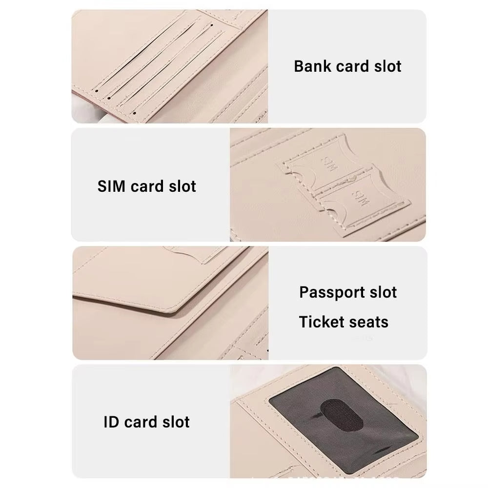 Portafoglio multifunzione beige con slot per carte di credito, SIM, passaporto e documenti d'identità. Design elegante e pratico per viaggiatori.