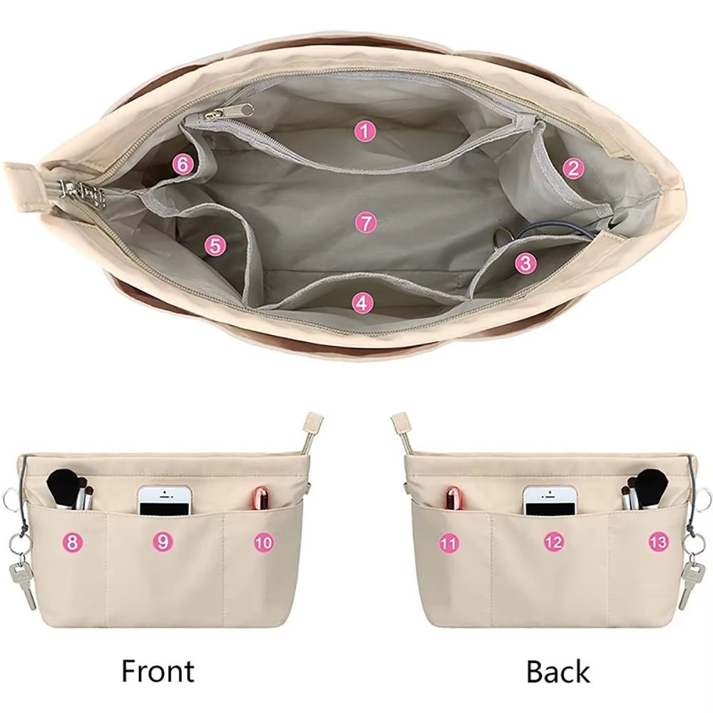 Organizer borsa beige con tasche multiple, scomparti numerati, adatto per smartphone, cosmetici e accessori. Ideale per organizzazione efficiente.