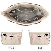 Organizer borsa beige con tasche multiple, scomparti numerati, adatto per smartphone, cosmetici e accessori. Ideale per organizzazione efficiente.
