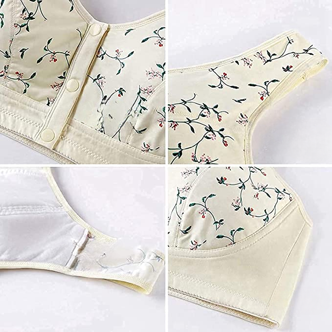 Reggiseno senza ferretto in cotone, design floreale, chiusura frontale con bottoni, spalline larghe, comfort quotidiano, intimo donna elegante.
