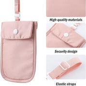Custodia rosa per cellulare in tessuto di alta qualità, design di sicurezza con bottone, cinghie elastiche regolabili. Accessorio pratico e resistente.