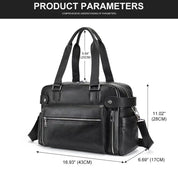 Borsa a tracolla in pelle nera, dimensioni 43x17x28 cm, con tasche multiple e manici robusti. Elegante e funzionale per lavoro o viaggio.