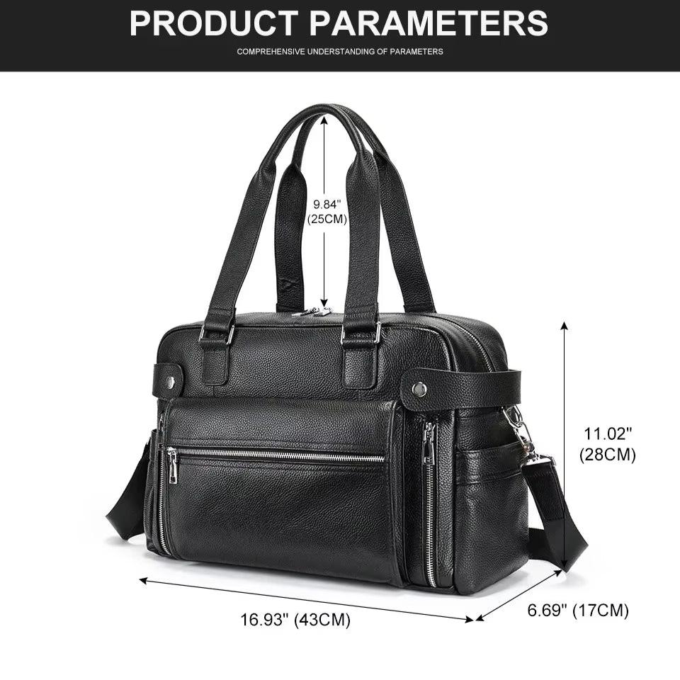 Borsa a tracolla in pelle nera, dimensioni 43x17x28 cm, con tasche multiple e manici robusti. Elegante e funzionale per lavoro o viaggio.