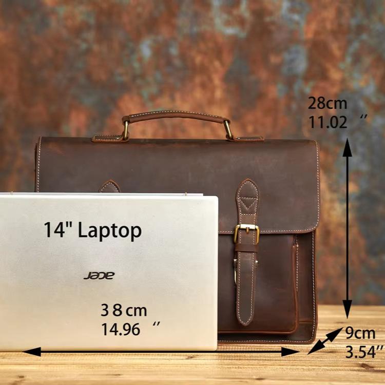 Borsa in pelle marrone per laptop 14 pollici, dimensioni 28x38x9 cm, elegante e resistente, ideale per lavoro e viaggio.