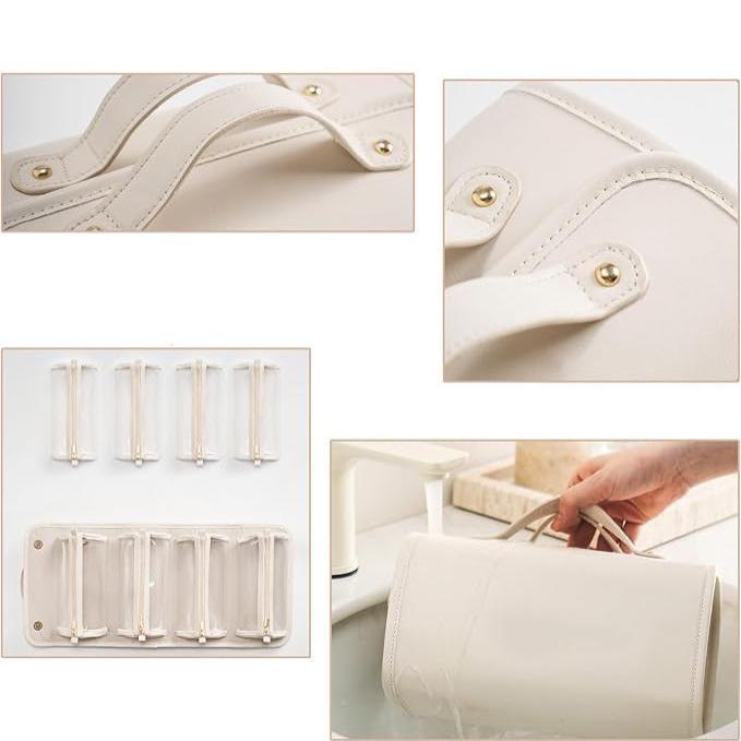 Borsa organizer da viaggio impermeabile in pelle beige, dettagli in metallo dorato, manici resistenti, ideale per cosmetici e accessori.