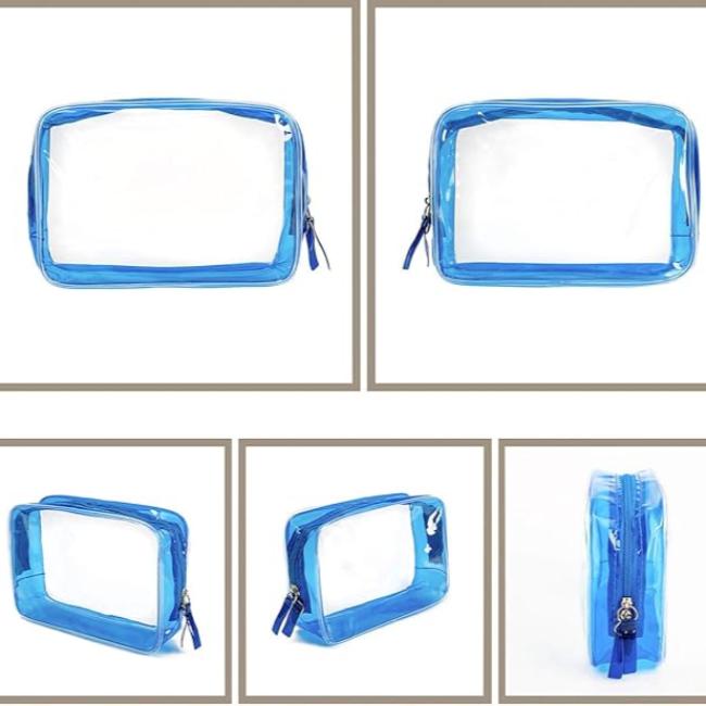 Borsa trasparente da viaggio in PVC blu, impermeabile, con cerniera. Ideale per articoli da toilette, cosmetici, accessori. Dimensioni compatte.