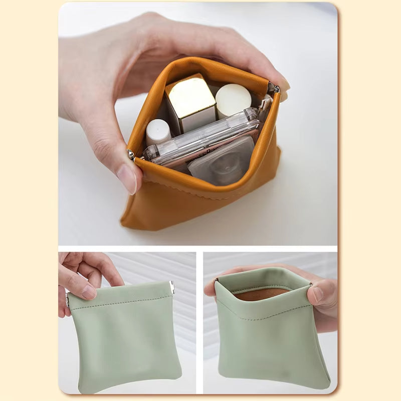 Borsetta in pelle compatta, colori pastello, ideale per cosmetici e accessori. Design elegante e pratico, perfetto per viaggi e uso quotidiano.