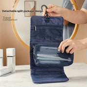 Organizer da viaggio blu con gancio, design a pacchetto staccabile, tasche a rete, ideale per cosmetici e accessori. Perfetto per viaggi organizzati.