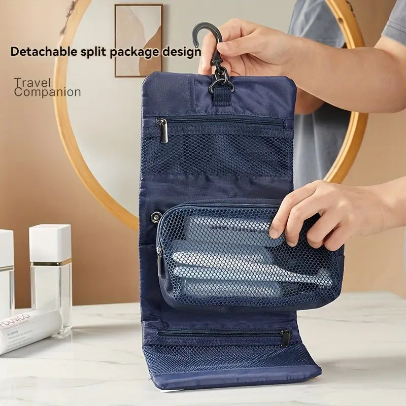Organizer da viaggio blu con gancio, design a pacchetto staccabile, tasche a rete, ideale per cosmetici e accessori. Perfetto per viaggi organizzati.