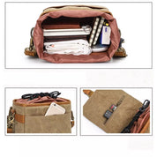Borsa a tracolla in tela beige con tasche multiple, ideale per laptop, tablet e accessori. Design resistente e spazioso per viaggi e lavoro.