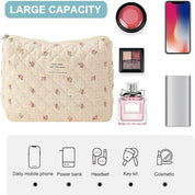 Borsa trucco grande capacità beige con motivo floreale, include rossetto, ombretto, profumo, power bank, smartphone, ideale per viaggio.
