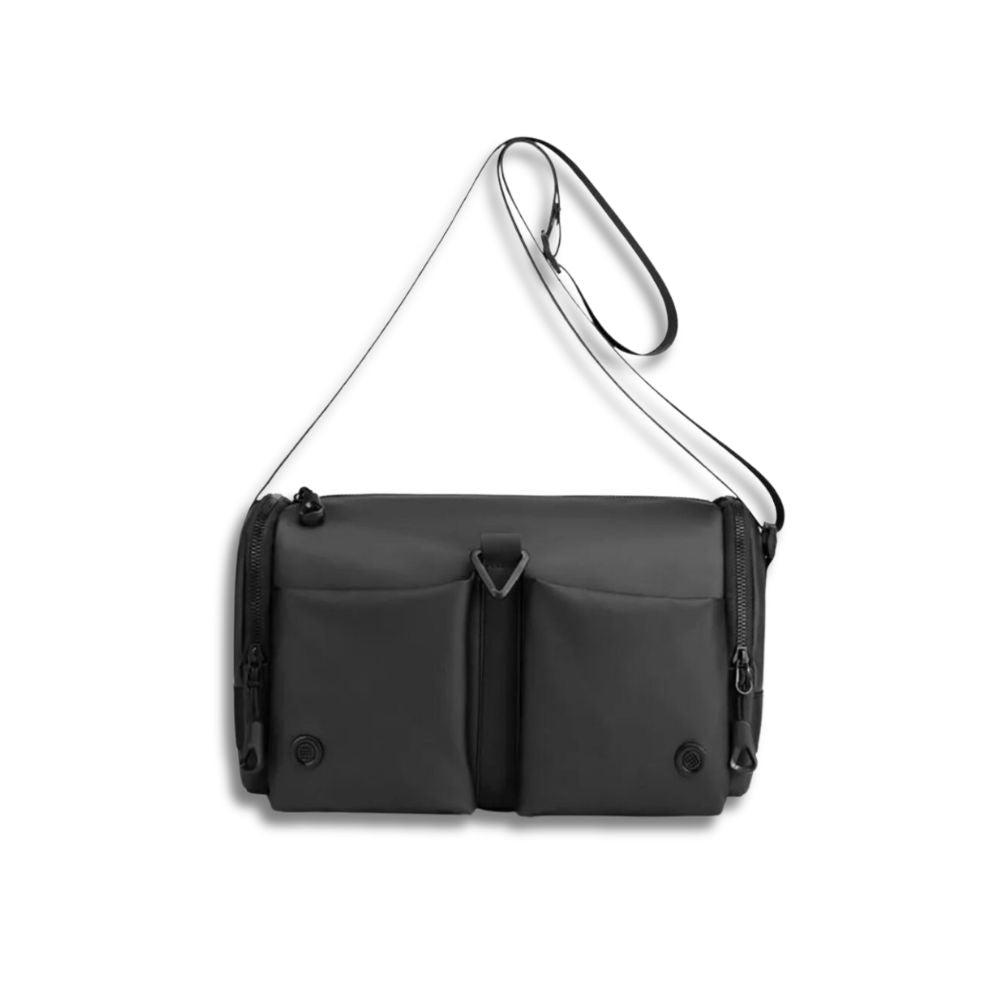 Borsa a tracolla nera unisex, design moderno, due tasche frontali con zip, ideale per viaggi e uso quotidiano, materiale resistente all'acqua.