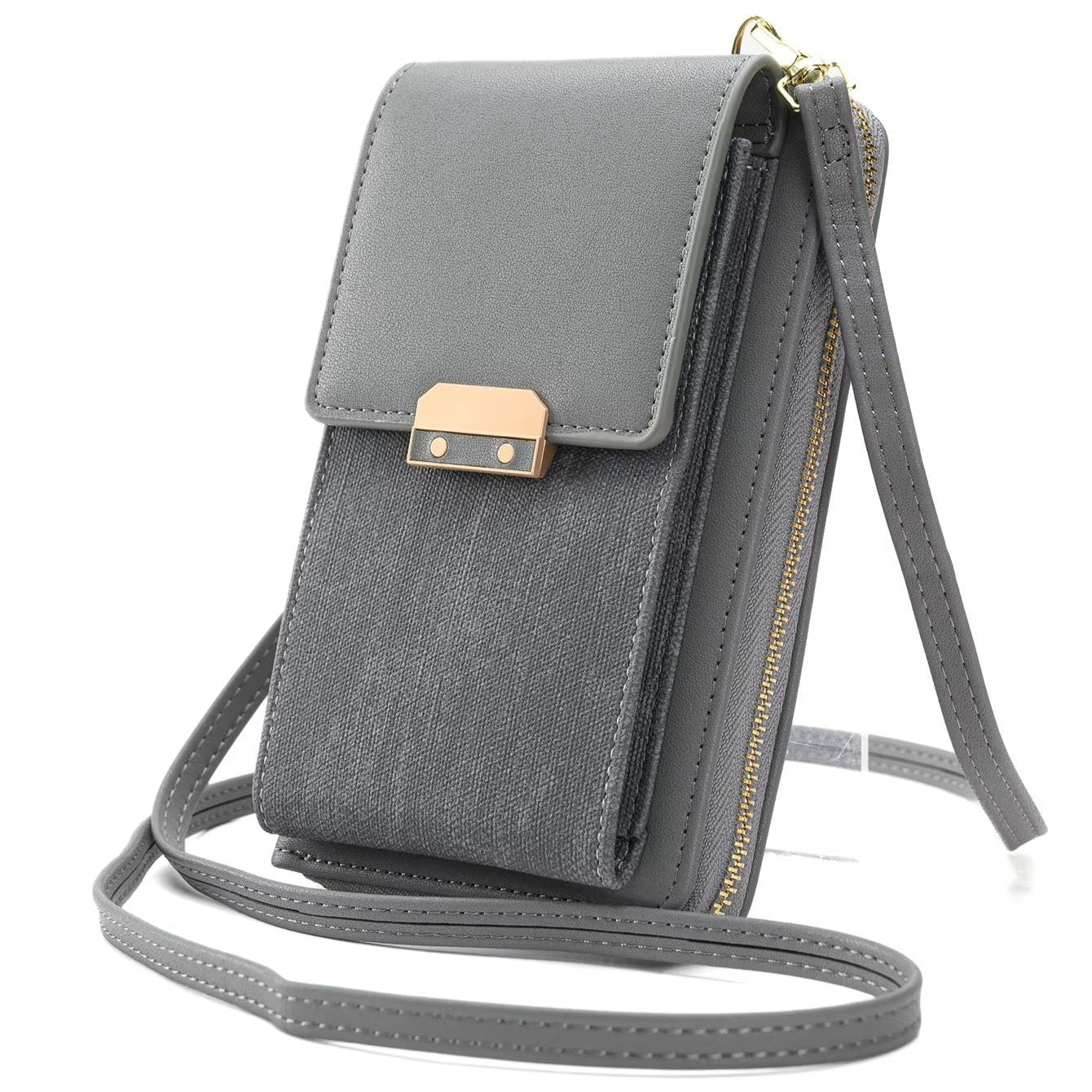 Borsa a tracolla grigia in pelle sintetica, design compatto con chiusura a scatto dorata, ideale per smartphone e accessori. Elegante e pratica.