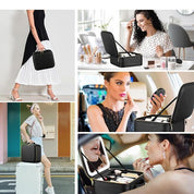 Donna con beauty case nero, trucco, specchio, viaggio. Valigia, cosmetici, moda, eleganza. Accessorio essenziale per bellezza e organizzazione.