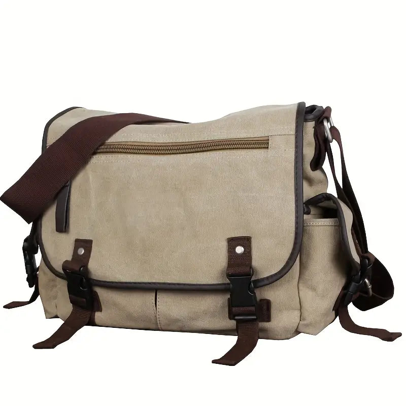 Borsa a tracolla in tela beige con dettagli in pelle marrone, tasca frontale con zip, chiusure a fibbia. Ideale per lavoro e viaggio.