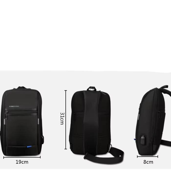 Zaino nero antifurto, dimensioni 31x19x8 cm, con porta USB. Design moderno, ideale per laptop e viaggi. Tasche multiple, resistente e leggero.