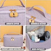 Borsa cosmetica viola con cerniera liscia, design portatile, alta capacità, resistente ai liquidi. Ideale per organizzare trucchi e accessori.