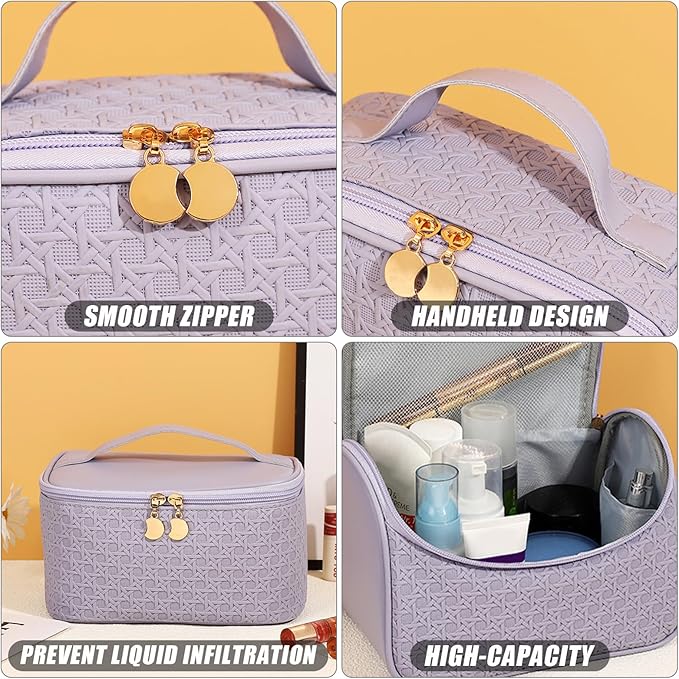 Borsa cosmetica viola con cerniera liscia, design portatile, alta capacità, resistente ai liquidi. Ideale per organizzare trucchi e accessori.