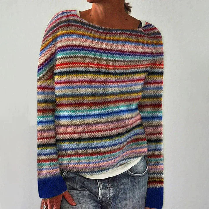 Maglione a righe multicolore da donna, lavorato a maglia, con scollo a barca. Stile casual, perfetto per l'autunno e l'inverno.