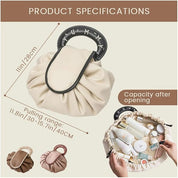 Borsa trucco pieghevole beige con manico nero, capacità espandibile, ideale per cosmetici e accessori, design compatto e portatile.