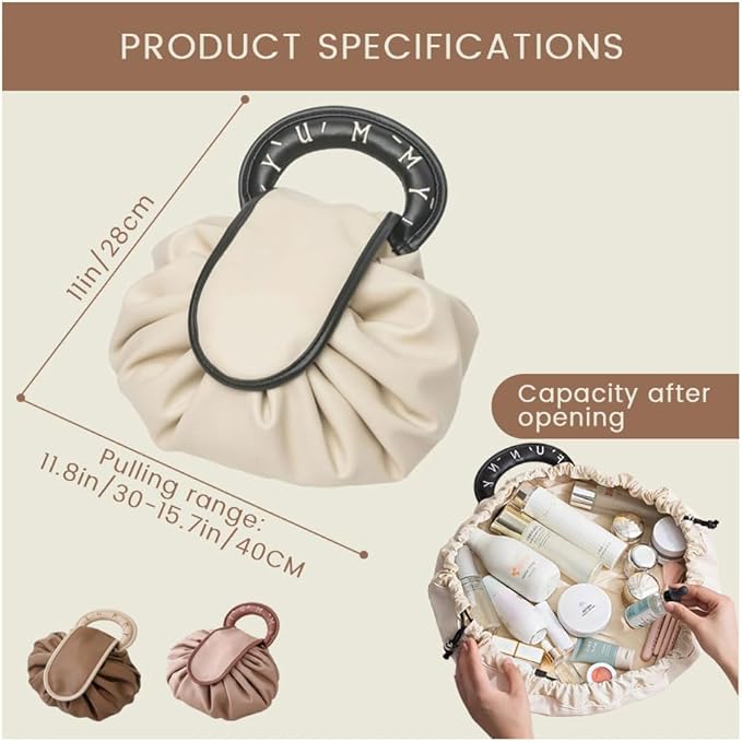 Borsa trucco pieghevole beige con manico nero, capacità espandibile, ideale per cosmetici e accessori, design compatto e portatile.