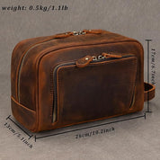 Borsello da viaggio in pelle marrone, dimensioni 26x13x17 cm, peso 0,5 kg. Design elegante con cerniere multiple, ideale per uomo.